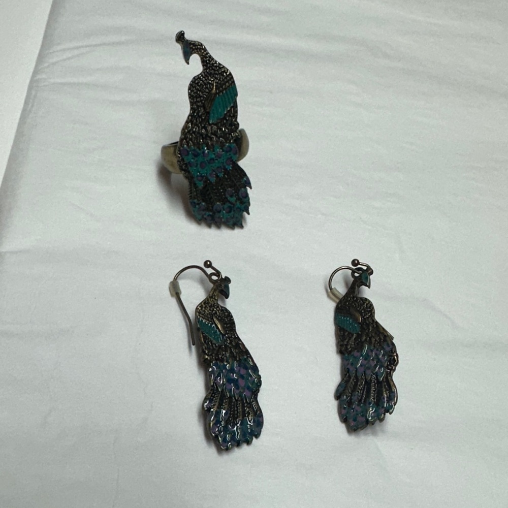 Peacock Design Jewelry Set with Blue and Silver Accents (Ring size 7 and earings